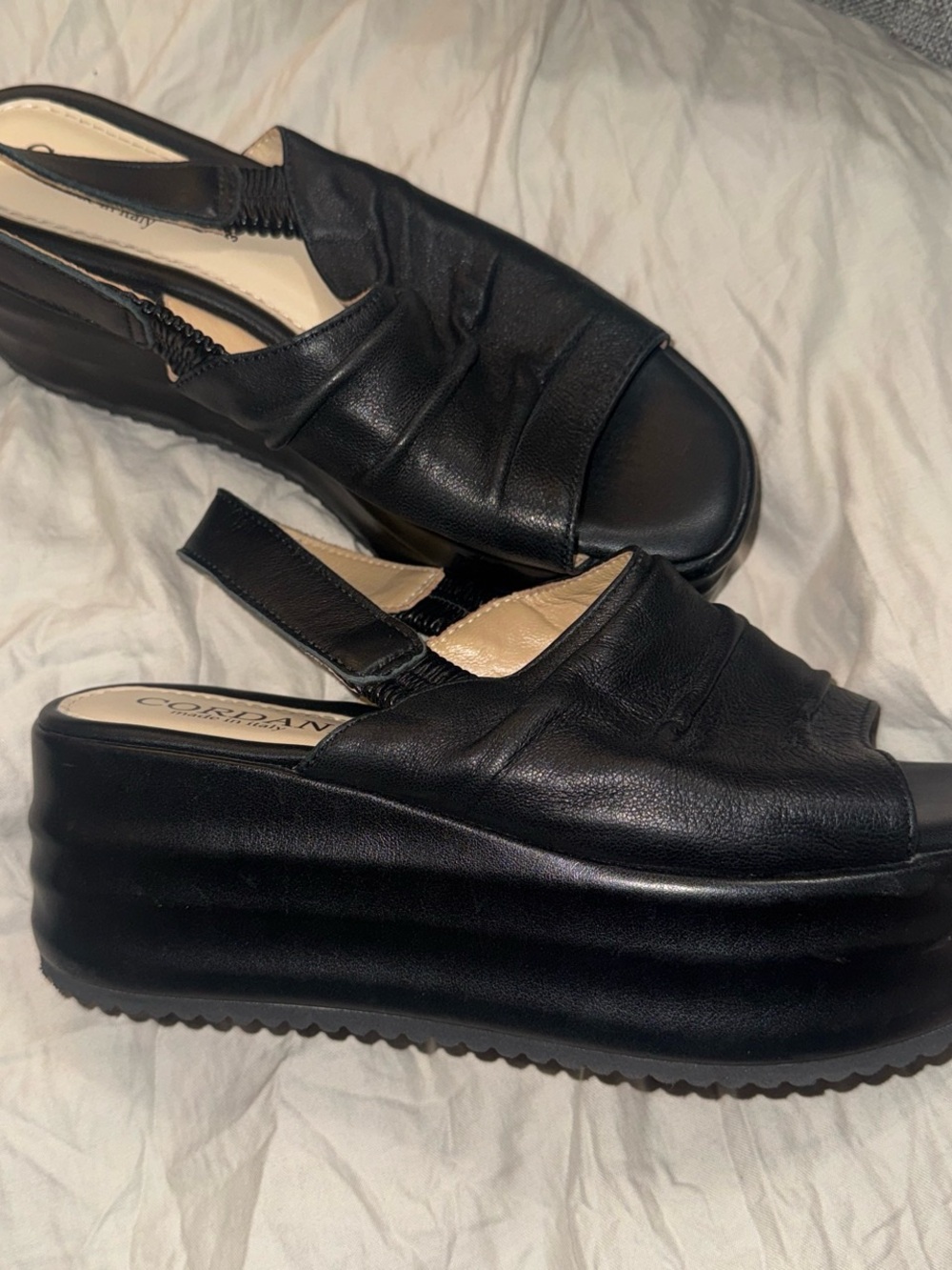 Cordani Black Leather Platform Slingback Sandals with Ruched Upper